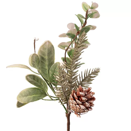 Ramură de iarnă cu brad, frunze, bobițe și con, 34cm