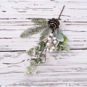 Ramură de iarnă cu brad, frunze, bobițe și con, 34cm