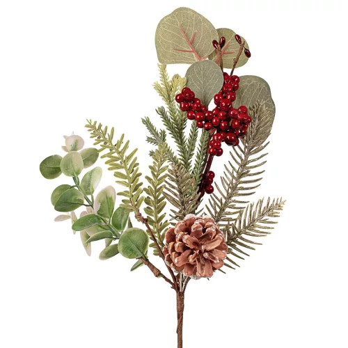 Ramură de iarnă cu brad, eucalipt, bobițe și con, 31cm