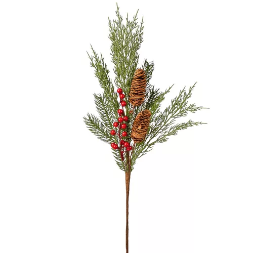 Ramură cu conuri de brad și bobițe, 52cm - Verde