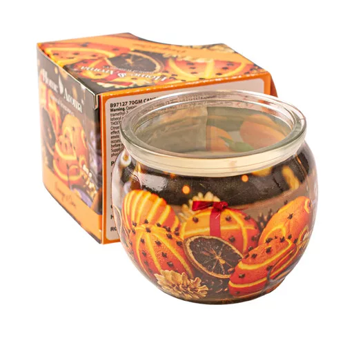 Portocală și cuișoare, lumânare parfumată, pahar