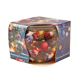 Brad strălucitor de Crăciun, lumânare parfumată, pahar