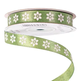   Panglică satinată cu model floral 12mm x 20m - Verde mușchi