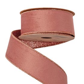  Panglică catifea Rose Gold cu spate strălucitor, cu margine din sârmă 38mm x 5m