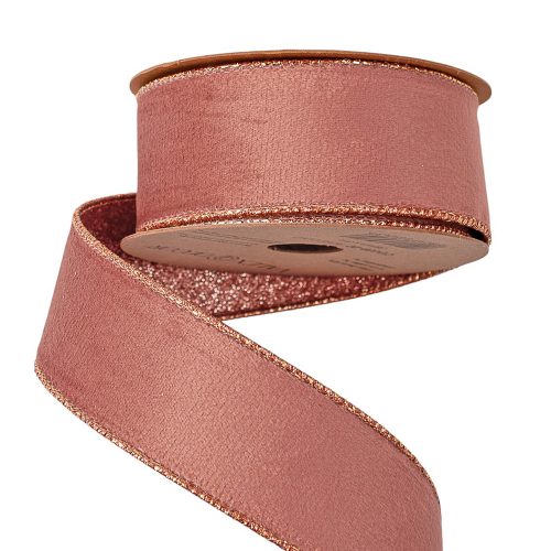 Panglică de catifea rose gold cu spate sclipitor cu margini metalice 38mm x 5m  
