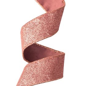   Panglică catifea Rose Gold cu spate strălucitor, cu margine din sârmă 38mm x 5m