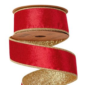  Panglică catifea Roșu cu spate strălucitor, cu margine din sârmă 38mm x 5m