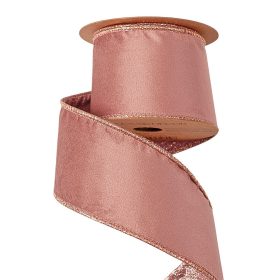   Panglică catifea Rose Gold cu spate strălucitor, cu margine din sârmă 63mm x 5m