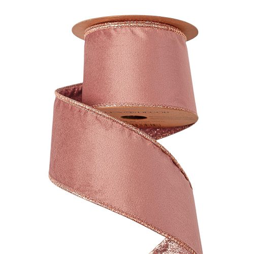 Panglică de catifea rose gold cu spate sclipitor cu margini metalice 63mm x 5m  