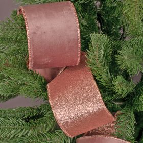   Panglică catifea Rose Gold cu spate strălucitor, cu margine din sârmă 63mm x 5m