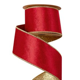   Panglică catifea Roșu cu spate strălucitor, cu margine din sârmă 63mm x 5m
