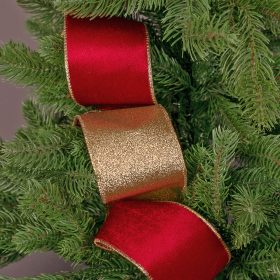   Panglică catifea Roșu cu spate strălucitor, cu margine din sârmă 63mm x 5m