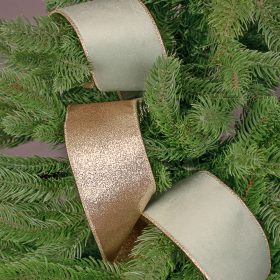   Panglică catifea Vintage Green cu spate strălucitor, cu margine din sârmă 63mm x 5m