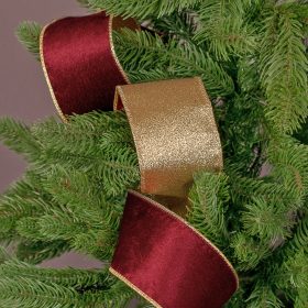   Panglică catifea Bordo cu spate strălucitor, cu margine din sârmă 63mm x 5m