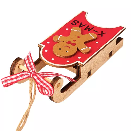 Decorațiune sanie cu om de turtă dulce, lemn, 10.5 x 4.5 x 2.6cm - Roșu