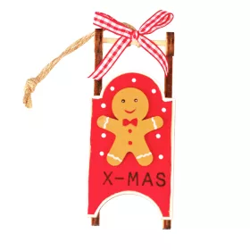   Decorațiune sanie cu om de turtă dulce, lemn, 10.5 x 4.5 x 2.6cm - Roșu