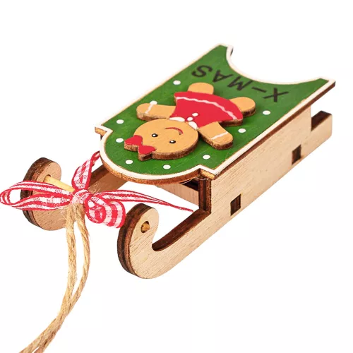 Decorațiune sanie cu om de turtă dulce, lemn, 10.5 x 4.5 x 2.6cm - Verde