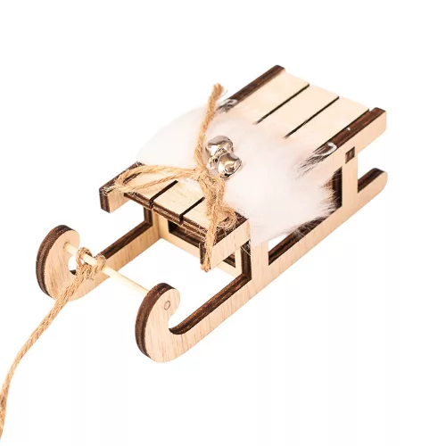 Decorațiune sanie cu blăniță, lemn, 12.5 x 5 x 4cm - Alb