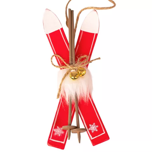 Decorațiune schiuri, lemn, 14.5 x 5.5 x 2.5cm - Roșu