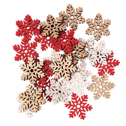 Set decorativ de Crăciun fulgi de zăpadă din lemn 3 cm 24 buc. – Mix roșu/alb