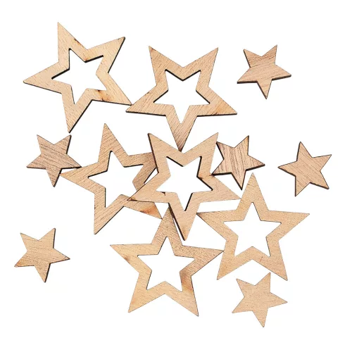 Set decorațiuni Crăciun, stele din lemn, 2-4cm, 12 buc - Natur