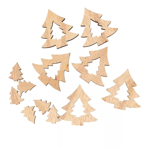 Set decorațiuni Crăciun, brazi din lemn, 2-4cm, 12 buc - Natur