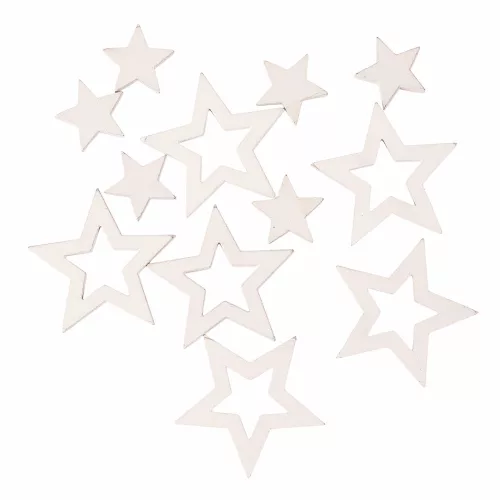 Set decorațiuni Crăciun, stele din lemn, 2-4cm, 12 buc - Alb