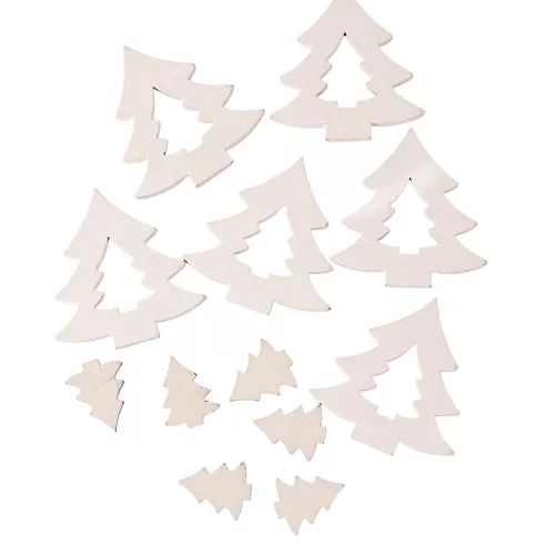 Set decorațiuni Crăciun, brazi din lemn, 2-4cm, 12 buc - Alb