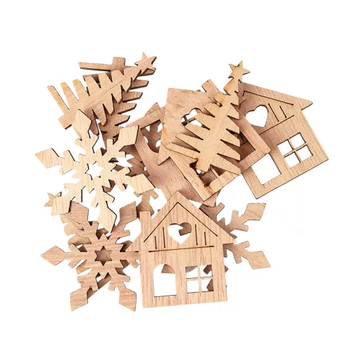Set decorațiuni Crăciun, ornamente lemn mixte, 4-4.5cm, 12 buc - Natur