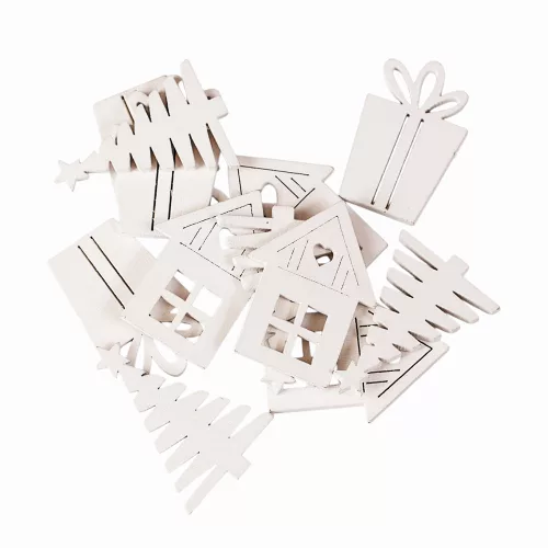 Set decorațiuni Crăciun, ornamente lemn mixte, 3 x 4cm, 12 buc - Alb