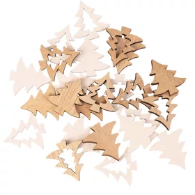   Set decorațiuni Crăciun, brazi din lemn, 3 x 3.5cm, 24 buc - Mix natur/alb