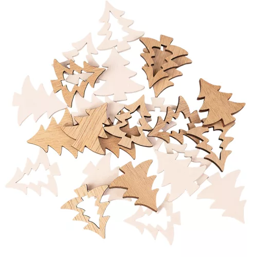 Set decorațiuni Crăciun, brazi din lemn, 3 x 3.5cm, 24 buc - Mix natur/alb