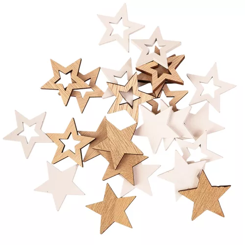Set decorațiuni Crăciun, stele din lemn, 3.5cm, 24 buc - Mix natur/alb