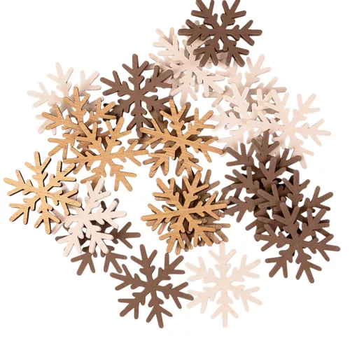 Set decorațiuni Crăciun, fulgi de nea din lemn, 4cm, 24 buc - Mix maro/alb
