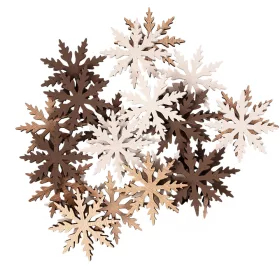   Set decorațiuni Crăciun, fulgi de nea din lemn, 4cm, 24 buc - Mix maro/alb