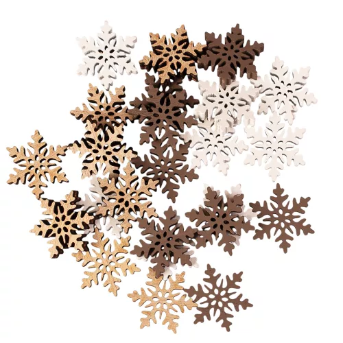 Set decorațiuni Crăciun, fulgi de nea din lemn, 2.5cm, 24 buc - Mix maro/alb