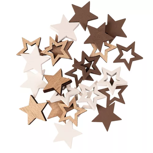 Set decorațiuni Crăciun, stele din lemn, 2.5cm, 24 buc - Mix maro/alb
