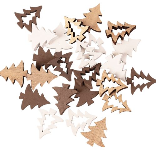 Set decorativ de Crăciun brazi din lemn 25cm 24 buc. – Mix maro/alb
