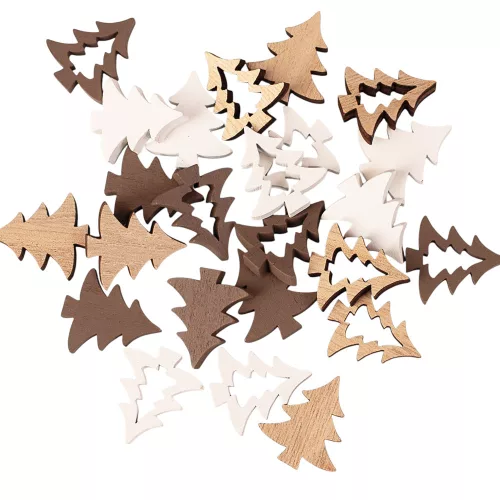 Set decorațiuni Crăciun, brazi din lemn, 2.5cm, 24 buc - Mix maro/alb