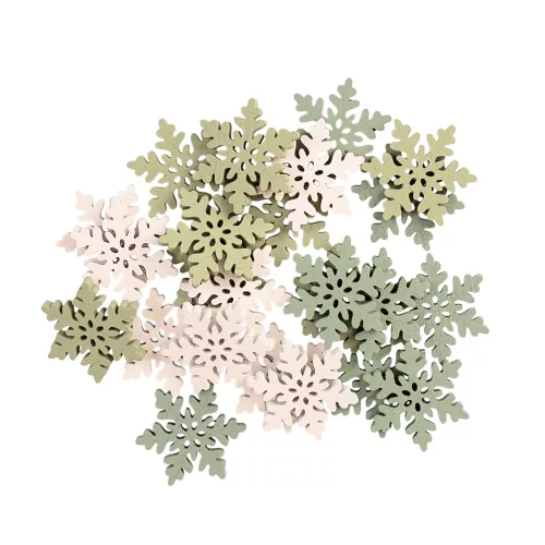Set decorațiuni Crăciun, fulgi de nea din lemn, 3cm, 24 buc - Mix verde/alb