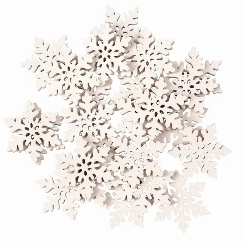 Set decorațiuni Crăciun, fulgi de nea din lemn, 3cm, 24 buc - Alb