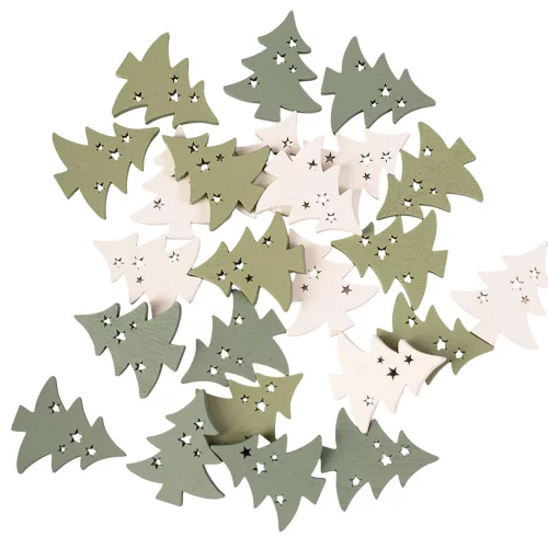 Set decorațiuni Crăciun, brazi din lemn, 3.5 x 3cm, 24 buc - Mix verde/alb