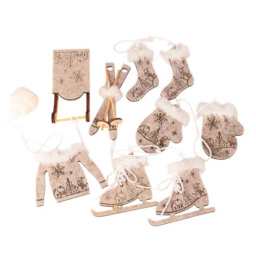 Set decorativ de Crăciun 6-10cm cu agățătoare din pâslă și lemn – Gri