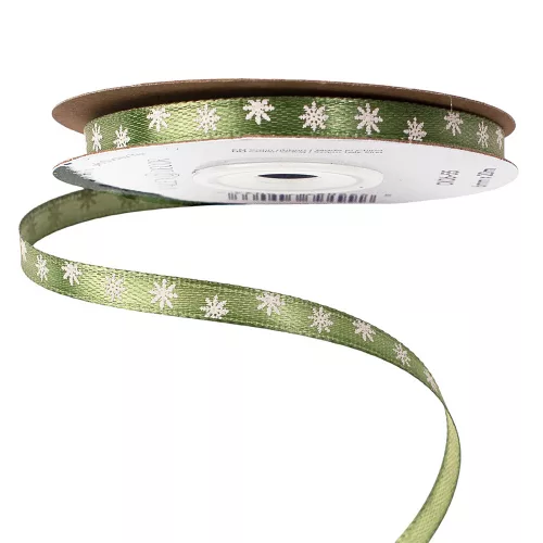 Panglică de satin cu fulgi de zăpadă 6mm x 20m - Verde mușchi