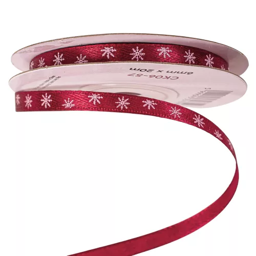 Panglică de satin cu fulgi de zăpadă 6mm x 20m - Bordo