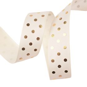 Panglică rips cu buline aurii 25mm x 20m - Crem