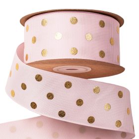 Panglică rips cu buline aurii 38mm x 20m - Roz Deschis