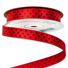 Panglică satinată cu buline negre 12mm x 20m - Roșu