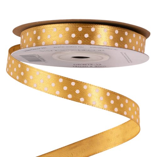 Panglică satinată albă cu buline 12 mm x 20 m - Auriu