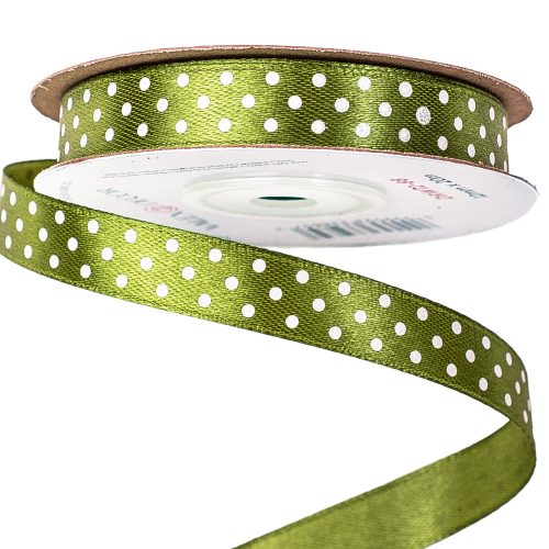 Panglică satinată cu buline albe 12mm x 20m – Verde măsliniu